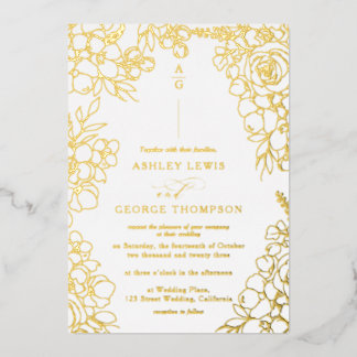 Invitation En Aluminium Élégante Mariage Photo Floral Monogramme Or Feuill
