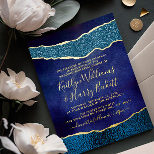 Invitation En Aluminium Élégante Marine Blue & Gold Agate Mariage Rehearsa