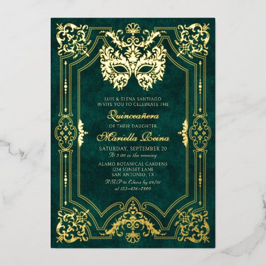 Invitation En Aluminium Elégante Mascarade verte Mascaré Quinceanera (Recto)