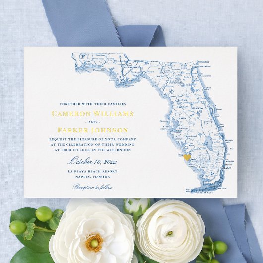 Invitation En Aluminium Elégante Naples Florida Mariage Navy et or