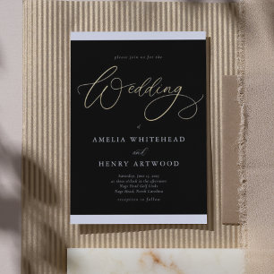 Invitation En Aluminium Elégante Noir et Blanc Calligraphie Mariage Or