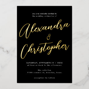 Invitation En Aluminium Élégante Noir Flourish Calligraphie Mariage Or