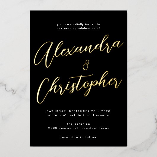 Invitation En Aluminium Élégante Noir Flourish Calligraphie Mariage Or (Recto)