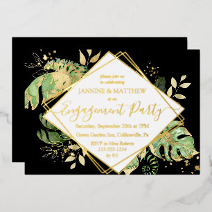 Invitation En Aluminium Élégante Partie d'Engagement Tropical Noir & Or