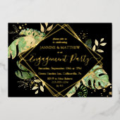 Invitation En Aluminium Élégante Partie d'Engagement Tropical Noir & Or (Recto)