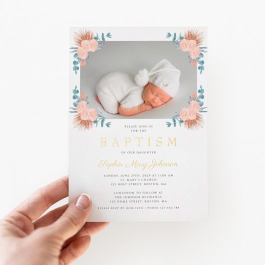 Invitation En Aluminium Élégante Photo Fille Fleurie Rose Baptême Or