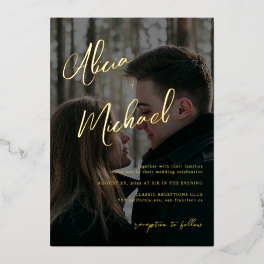 Invitation En Aluminium Elégante photo noir or réel feuille script mariage (Recto)