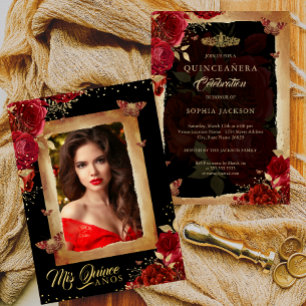 Invitation En Aluminium Elégante photo Quinceanera Red Rose Gold Anniversa
