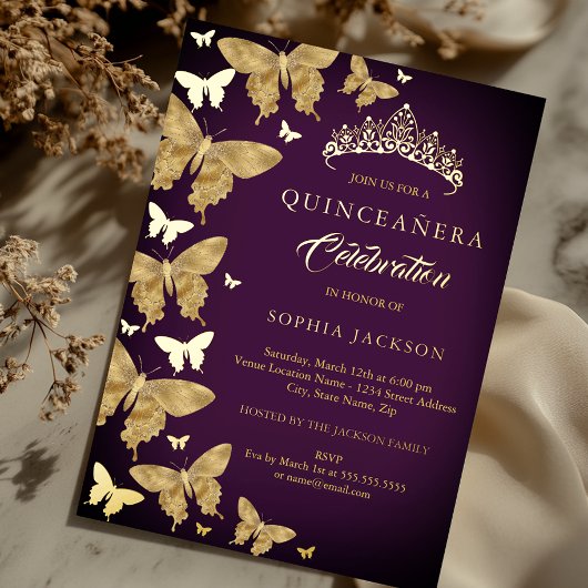 Invitation En Aluminium Élégante Plum violet or papillon Quinceanera