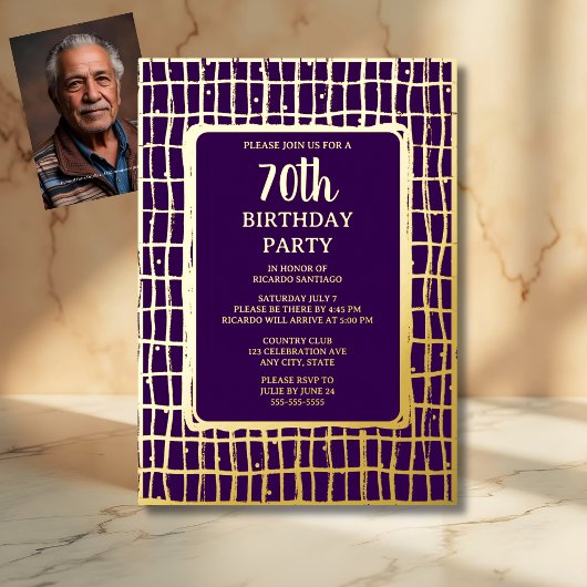 Invitation En Aluminium Elégante Purple Gold 70e fête d'anniversaire perso