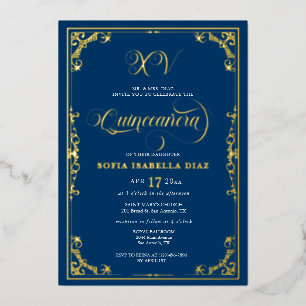 Invitation En Aluminium Élégante Quinceañera Bleu Royal Or Or Argent