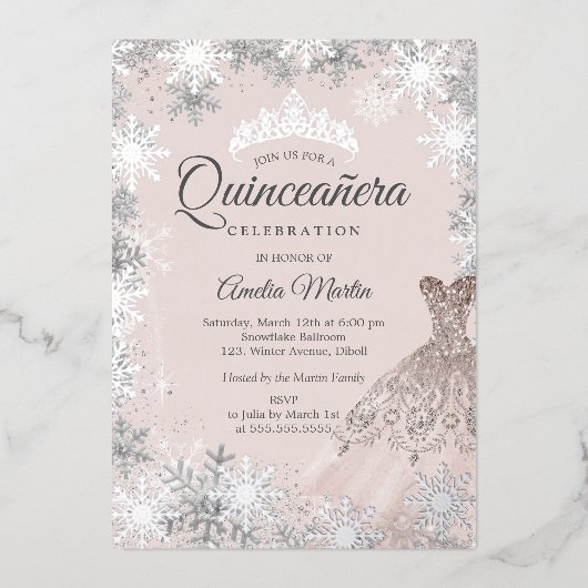 Invitation En Aluminium Élégante Quinceanera de flocons de neige rose pâle (Recto)