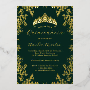 Invitation En Aluminium Élégante Quinceanera d'émeraude Florale Vintage