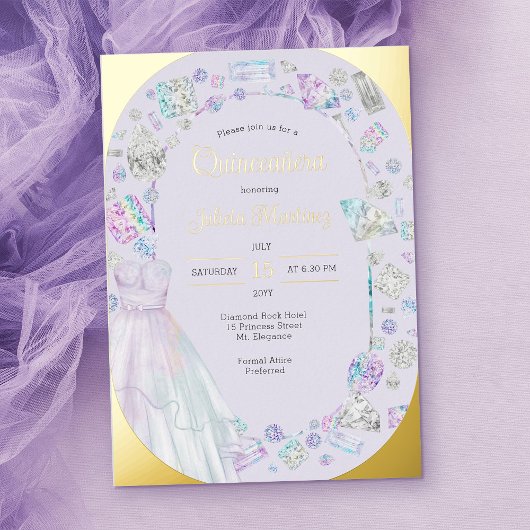 Invitation En Aluminium Élégante Quinceanera Diamonds Princess Robe Or