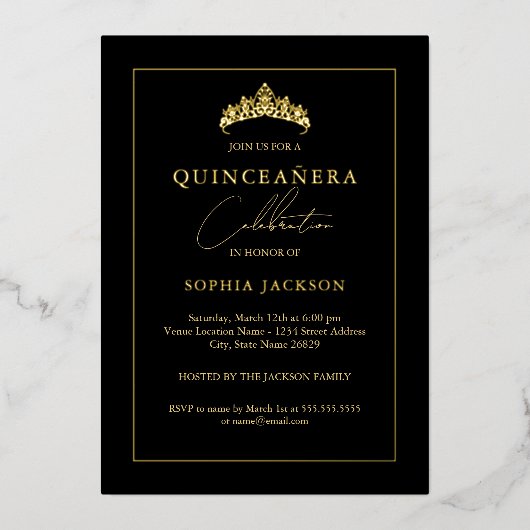 Invitation En Aluminium Elégante Quinceanera d'or noir 15e (Recto)