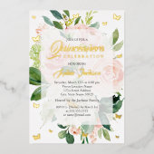 Invitation En Aluminium Élégante Quinceanera en fleur rose (Recto)