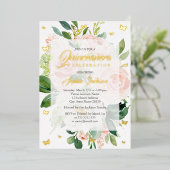 Invitation En Aluminium Élégante Quinceanera en fleur rose (Debout devant)