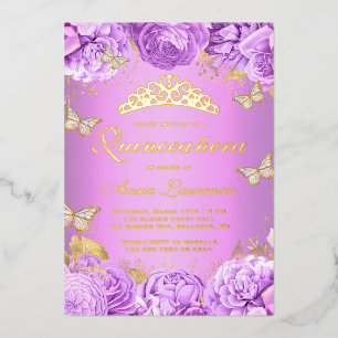 Invitation En Aluminium Elégante Quinceanera Fleurs Papillons Violets