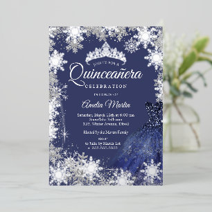 Invitation En Aluminium Elégante Quinceanera Navy Argentée Flocon de Neige