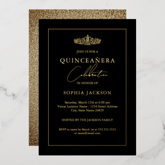Invitation En Aluminium Elégante Quinceanera Noire Or 15e (Recto/Verso)