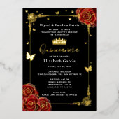 Invitation En Aluminium Elégante Quinceanera Noire Rouge Rose Véritable Or (Recto)