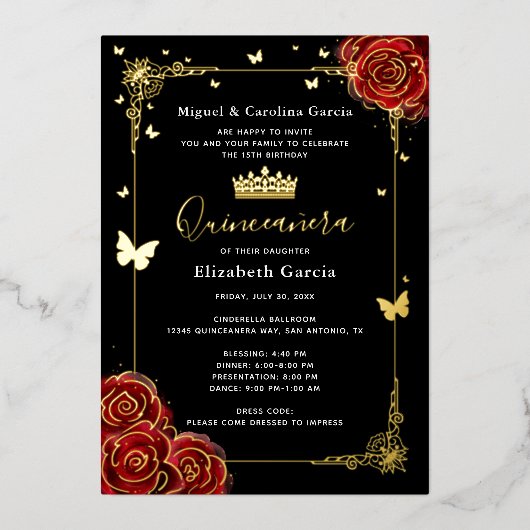 Invitation En Aluminium Elégante Quinceanera Noire Rouge Rose Véritable Or (Recto)