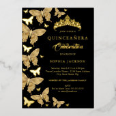 Invitation En Aluminium Élégante Quinceanera, Papillon Noir Et Or (Recto)