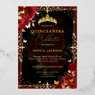 Invitation En Aluminium Elégante Quinceanera Papillon Royal Rouge Or Rose