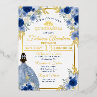 Invitation En Aluminium Élégante Quinceañera Rose Bleu Royal & Or