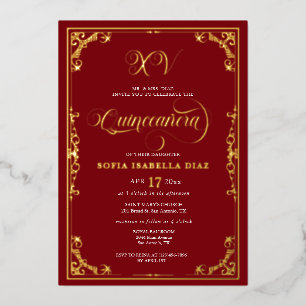 Invitation En Aluminium Elégante Quinceañera Royal Rouge Feuille d'Or