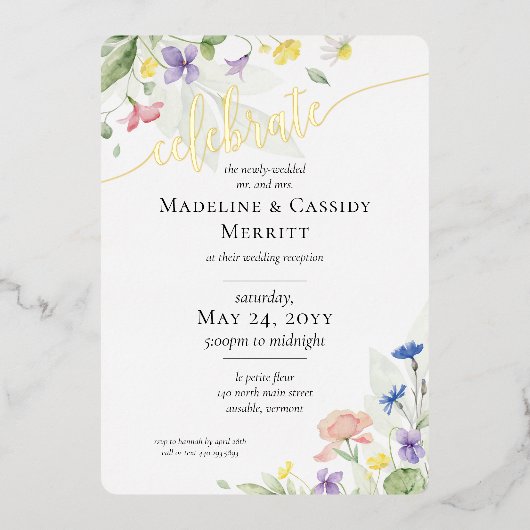 Invitation En Aluminium Elégante réception de mariage Fleurs sauvages aqua (Recto)