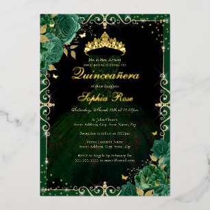Invitation En Aluminium Élégante robe Rose Emerald Gold Quinceanera