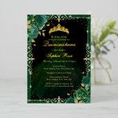 Invitation En Aluminium Élégante robe Rose Emerald Gold Quinceanera (Debout devant)
