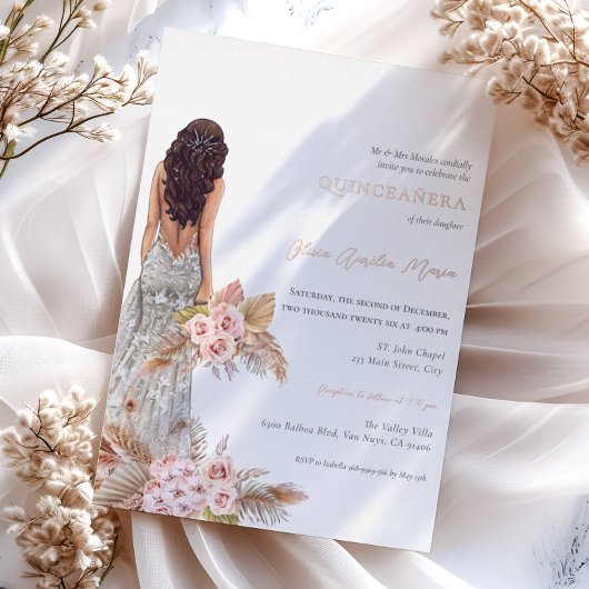 Invitation En Aluminium Élégante robe Rose Pampas Herbe Quinceanera