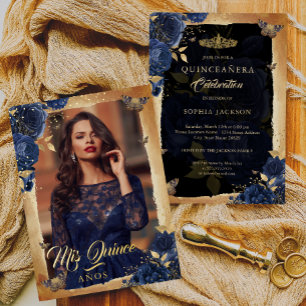 Invitation En Aluminium Elégante Rose Navy Or Florale Photo Quinceanera 