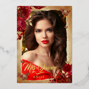 Invitation En Aluminium Élégante Rose Quinceanera Photo Fleurie Or Rose