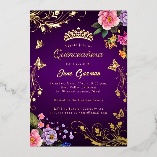 Invitation En Aluminium Élégante Rose Violette Tourbillon Or Quinceañera (Recto)
