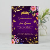 Invitation En Aluminium Élégante Rose Violette Tourbillon Or Quinceañera (Debout devant)
