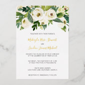 Invitation En Aluminium Elégante Roses Blanches Verdure Floral Mariage Or (Recto)