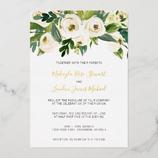 Invitation En Aluminium Elégante Roses Blanches Verdure Floral Mariage Or (Recto)