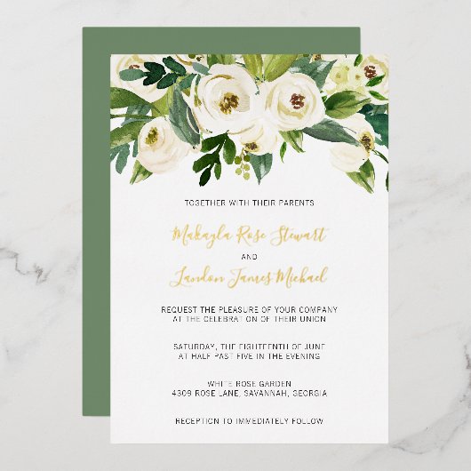 Invitation En Aluminium Elégante Roses Blanches Verdure Floral Mariage Or (Recto/Verso)
