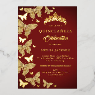 Invitation En Aluminium Elégante Royale Rouge Or Papillon Quinceanera