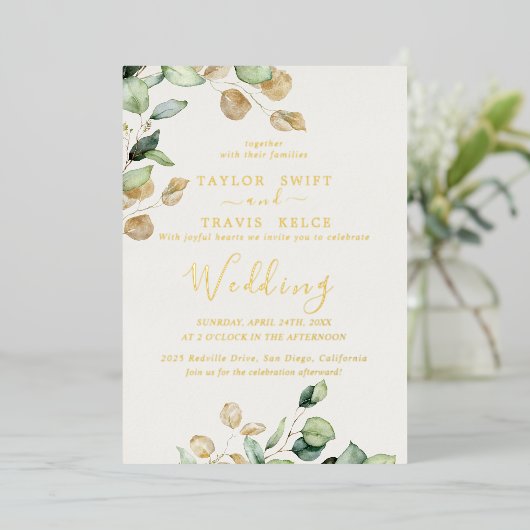 Invitation En Aluminium Élégante verdure émeraude | Mariage Gold Foil (Debout devant)