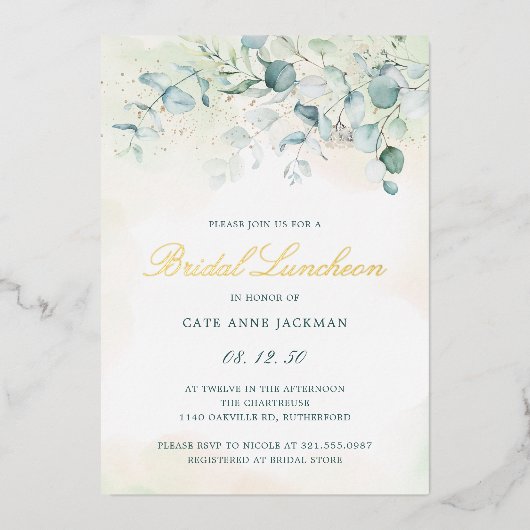Invitation En Aluminium Élégante verdure Eucalyptus Bridal Luncheon Gold (Recto)