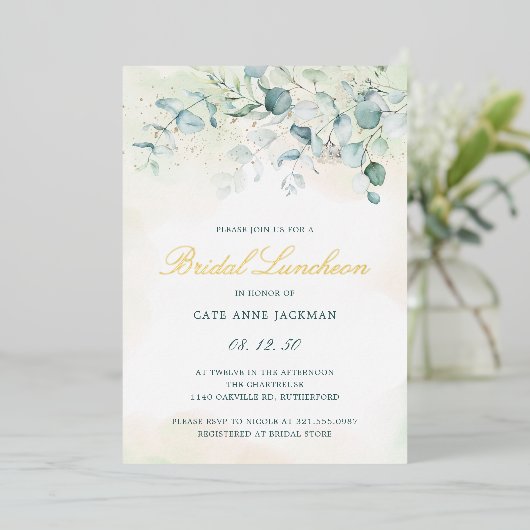 Invitation En Aluminium Élégante verdure Eucalyptus Bridal Luncheon Gold (Debout devant)