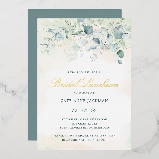 Invitation En Aluminium Élégante verdure Eucalyptus Bridal Luncheon Gold (Recto/Verso)