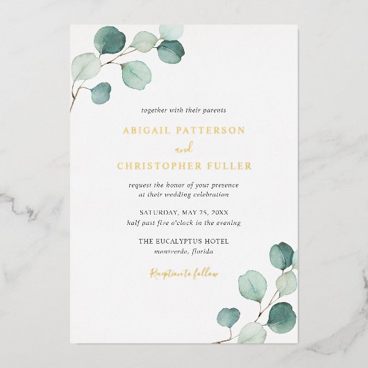 Invitation En Aluminium Elégante verdure Rustique Eucalyptus Mariage Or (Recto)
