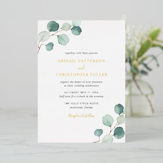 Invitation En Aluminium Elégante verdure Rustique Eucalyptus Mariage Or (Debout devant)