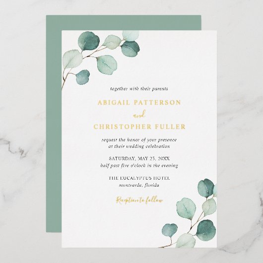 Invitation En Aluminium Elégante verdure Rustique Eucalyptus Mariage Or (Recto/Verso)