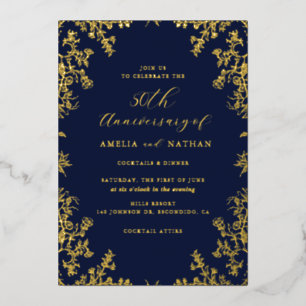 Invitation En Aluminium Élégante Vintage Gold Navy 50ème anniversaire